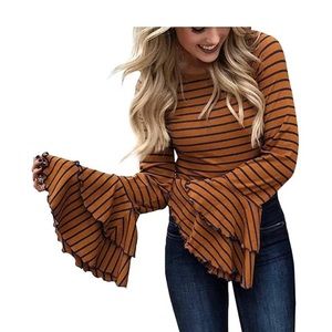 COPY - Brown/navy striped top with ruffle sleeves XS